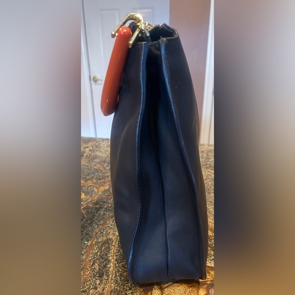 NWOT Made in Italy Black Leather Acetate Handled Satchel Top Handled Bag Purse - Picture 5 of 11